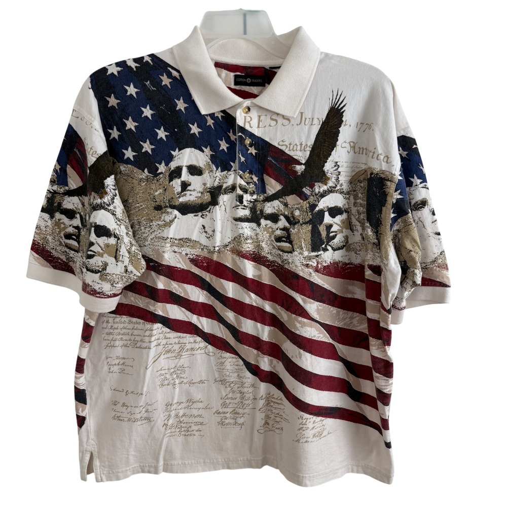 Cotton Traders Mount Rushmore Polo XL White Patriotic Americana Graphic Tee